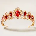 Baroque gold bridal crown with large red teardrop gemstones and white crystals - Gold Red Zirconia