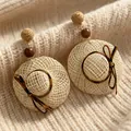 2605089 Leopard Print Bow Straw Hat Earrings