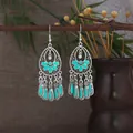 Bohemian vintage silver earrings with turquoise beads and tassel drop on branch - Retro Silver Teal Hollow Petal Style (E8271)