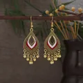 Bohemian hollow teardrop fringe earrings with red white enamel and gold metal beads - Gold Red White Floral Tassel Style (E8275)