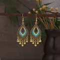 Bohemian gold teardrop earrings with blue enamel beads and vintage filigree detail - Gold Cyan Blue Teardrop Hollow Beaded Style (E8276)
