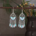 Bohemian vintage silver drop earrings with light blue and pink enamel bead details - Antique Silver Blue Pink Hollow Teardrop Style (E8272)