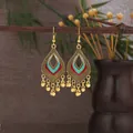 Bohemian leaf-shaped drop earrings with red and teal enamel on vintage gold finish - Gold Red Teal Teardrop Tassel Style (E8277)