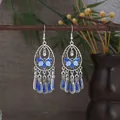 Bohemian silver drop earrings with blue enamel petals and dangling fringe charms - Silver Blue Tone Hollow Tassel Style (E8270)