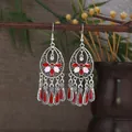 Bohemian silver earrings with red leaf fringe and floral hollow patterns - Silver Red White Hollow Dangle Style (E8274)