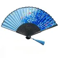 Japanese style folding fan with blue gradient cherry blossom pattern and black bamboo frame - A Smile Fans Black Bones - Style 91