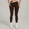 Dark coffee yoga leggings featuring a white crossover waist and side phone pockets - S / Brown