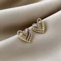 Elegant gold heart earrings with white faux pearls and shimmering crystal accents - Double Layer Heart Artificial Pearl Zirconia Style (E2404-7) / Gold White