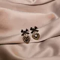 Elegant vintage gold bow heart earrings with black ribbon and dark gemstone center - Bow Heart Smoky Grey Gem Drop Earrings (E2182-1) / Black