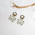 Vintage style cream bow drop earrings with black polka dots and pearl accents - White Polka Dot Bow Artificial Pearl Drop Earrings (E4503-2) / White