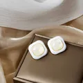 Vintage square pearl stud earrings with gold beaded edges on champagne satin - Gold-Rimmed Square Mother of Pearl Texture Studs (E4680-2) / White