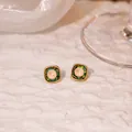 Vintage gold square stud earrings with pink center stone and green crystals - Retro Brushed Frame Multi-color Gem Studs (E3513) / Gold