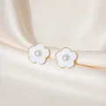 Elegant five-petal white enamel flower stud earrings with center pearl and gold edges - White Five-Petal Flower Artificial Pearl Studs (E4815-2) / White