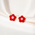 Elegant red flower stud earrings with pearl center and golden edges on silk - Red Enamel Flower Artificial Pearl Studs (E4815-3) / Red