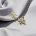 Floral stud earrings with white rhinestones and black enamel detail on grey silk - Gold Four-Petal Flower Rhinestone Inlaid Black Border Stud Earrings (E4491) / Gold