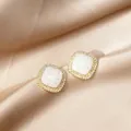 Elegant gold square stud earrings with marble texture and rhinestone halo - Gold Square Frame Marble Texture Full Rhinestone Stud Earrings (E4964) / White