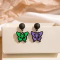 Asymmetric butterfly drop earrings in green and purple enamel with matte black studs - Purple & Green Patchwork Butterfly Enamel Style Drop Earrings (E2409-1) / Purple Green