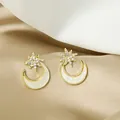 Elegant star and moon stud earrings with golden finish and shimmering zircon stones - Star and Moon Shell Rhinestone Stud Earrings (E3570) / Gold