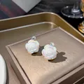 Iridescent white rose stud earrings with zircon detail on a vintage leather jewelry box - White Iridescent Rose Flower Rhinestone Stud Earrings (E129) / White