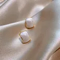 Elegant gold rectangular stud earrings with white marble resin and French vintage style - Rectangular Marble Pattern Bordered Stud Earrings (E1042-6) / Milky White