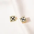 Retro checkered enamel square stud earrings with crystal halo and golden finish - Checkerboard Enamel Surrounded Rhinestone Stud Earrings (E4925) / Black & White