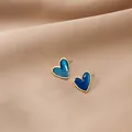 Elegant gold-plated heart-shaped stud earrings with deep blue enamel inlay for women - Dark Blue Enamel Heart Stud Earrings (E841) / Dark Blue