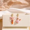 Asymmetric gold star earrings with cute pink bunny and carrot charms in gift box - Asymmetric Pink Rabbit Carrot Cartoon Stud Earrings (E2174) / Pink