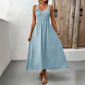 Elegant light blue sleeveless V-neck maxi dress with smocked waist and flared skirt - S / Light Blue