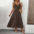 Elegant coffee brown sleeveless maxi dress with a V-neck and elastic high waistline - S / Coffee Brown
