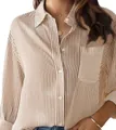 Detail of vertical brown and white stripes on a casual long-sleeved button-up shirt - Coffee