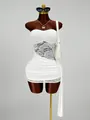 White strapless bodycon dress with lace patchwork and elegant side drape detail - M / White