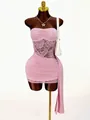 Pink strapless mini dress with floral lace patchwork and ruched side detailing - M / Pink