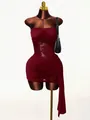 Sexy burgundy tube dress with floral lace splicing, ruched waist and side drape - M / Burgundy