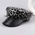 Leopard print newsboy cap with punk studs and black leather strap decoration - M (56-58cm) / Black & White Leopard (Spikes/Plain Brim)