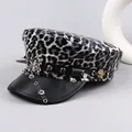Punk leopard print military hat with silver spider emblem and spiked rivet belt decoration - M (56-58cm) / Black & White Leopard (Spikes/Rivet Brim)