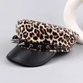 Punk leopard print military cap with black leather trim and metallic spike rivets - M (56-58cm) / Khaki Leopard (Spikes/Plain Brim)
