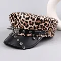 Leopard print newsboy cap with punk rivet belts and a metal spider pendant charm - M (56-58cm) / Khaki Leopard (Spider Pendant/Rivet Buckle)