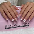 French tip press-on nails with white 3D bows and square shape design on pink box - Square / French White Bowknot (XH-91-24)