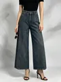 Dunkelblaue Damen-Weitbein-Jeans mit hoher Taille und dekorativen vertikalen Nähten vorne - S / Vintage-Blau
