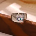 Exquisite silver finish open ring featuring a vibrant colorful crystal evil eye design - Colorful Zirconia Evil Eye-Wide Style / Silver-JZ2643G