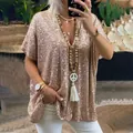 Top da donna con paillettes oro rosa, scollo a V e vestibilità comoda casuale - Albicocca Argento / Taglia S