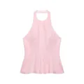 Detail des rosa Satin-Neckholder-Tops mit hohem Kragen und weichem Rüschensaum-Finish - XS / Rosa