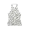 Detail eines weißen Neckholder-Tops mit schwarzen Punkten und Rüschen am Saum - XS / Polka Dots