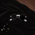 Creative silver sunglasses brooch with black lenses and rhinestone details on dark velvet - Xz1030-2 White Sunglasses Brooch - Silver