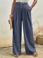 Detalle de pantalón ancho de algodón de tiro alto azul grisáceo con botones - S / Azul grisáceo