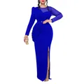 Elegant royal blue maxi dress featuring mesh splicing, ruched waist and high side slit - S / Royal Blue