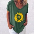 T-shirt femme vert foncé avec col en V et imprimé tournesol pour un look d'été décontracté - 3XL / Vert Militaire