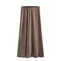 Elegant dark brown high-waisted satin maxi skirt with a smooth silky finish and A-line drape - Mocha