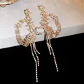 Detailed view of elegant gold tassel earrings with iridescent crystals and flower motifs - Gold