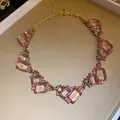Elegant irregular square pink crystal necklace in gold finish for gala jewelry - Necklace / Pink